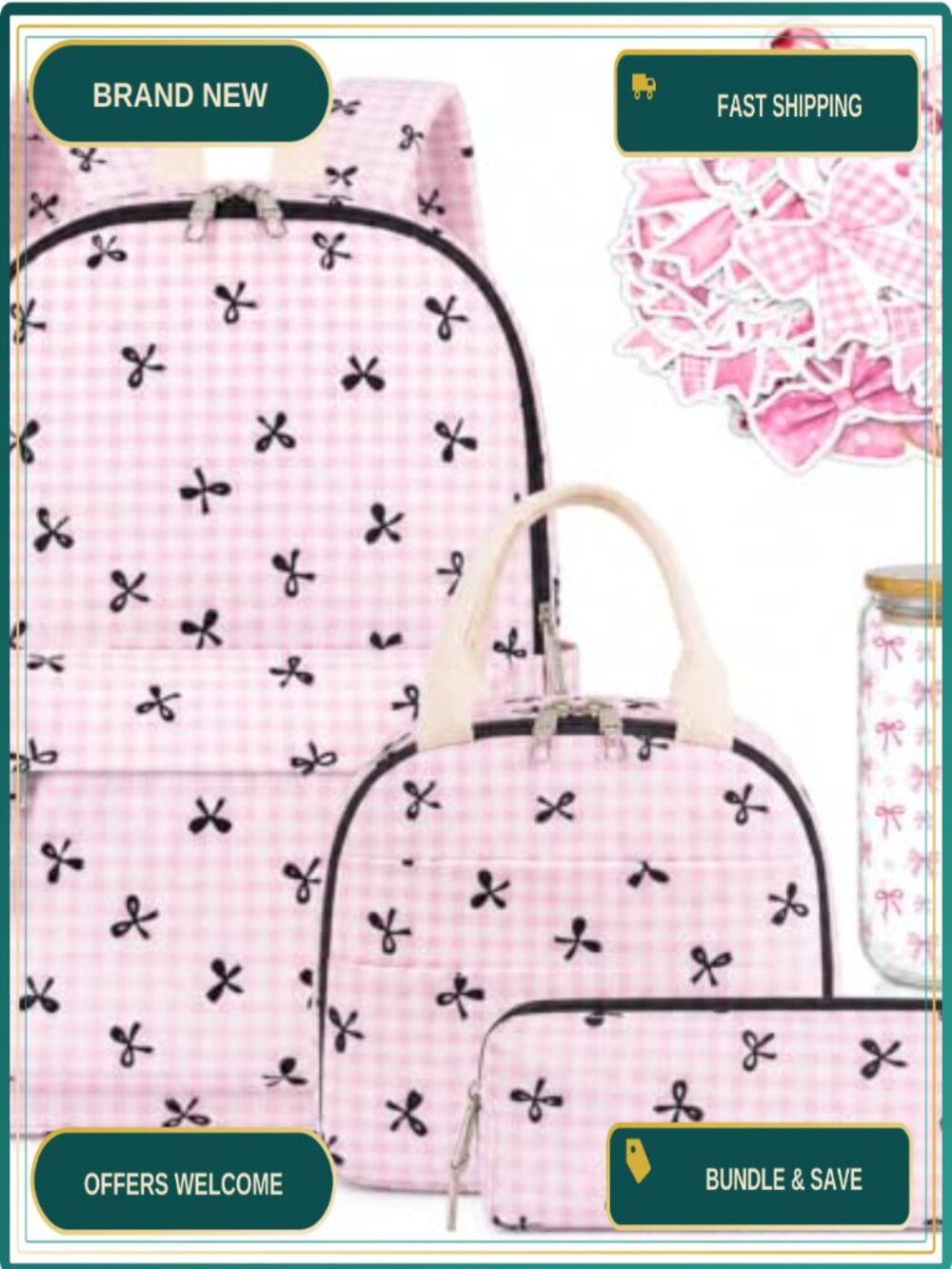 5 Piece Bow Backpack Set with Lunch Box and Pencil Case (Pink, Nylon)